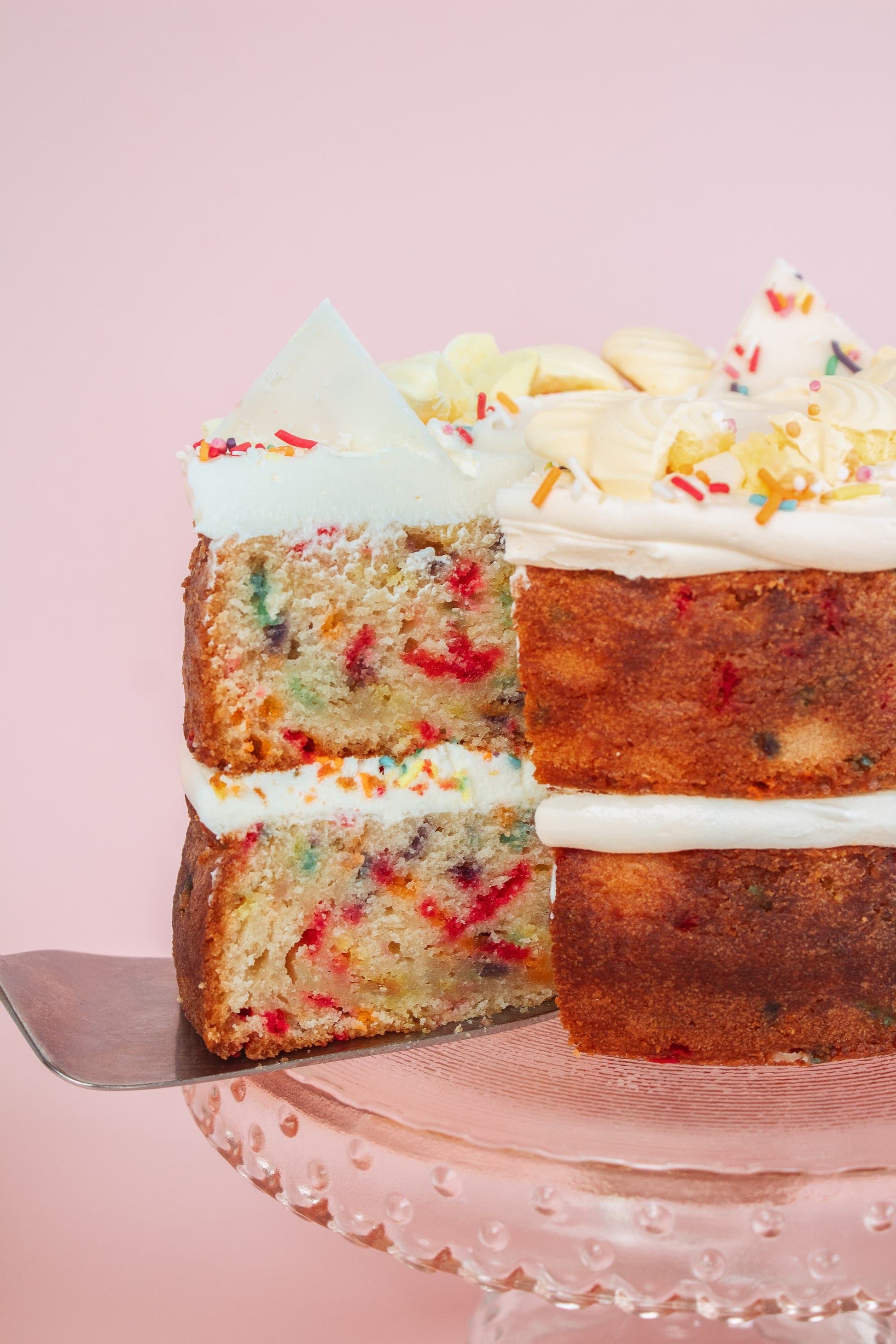 close up of a vanilla confetti sprinkle cake